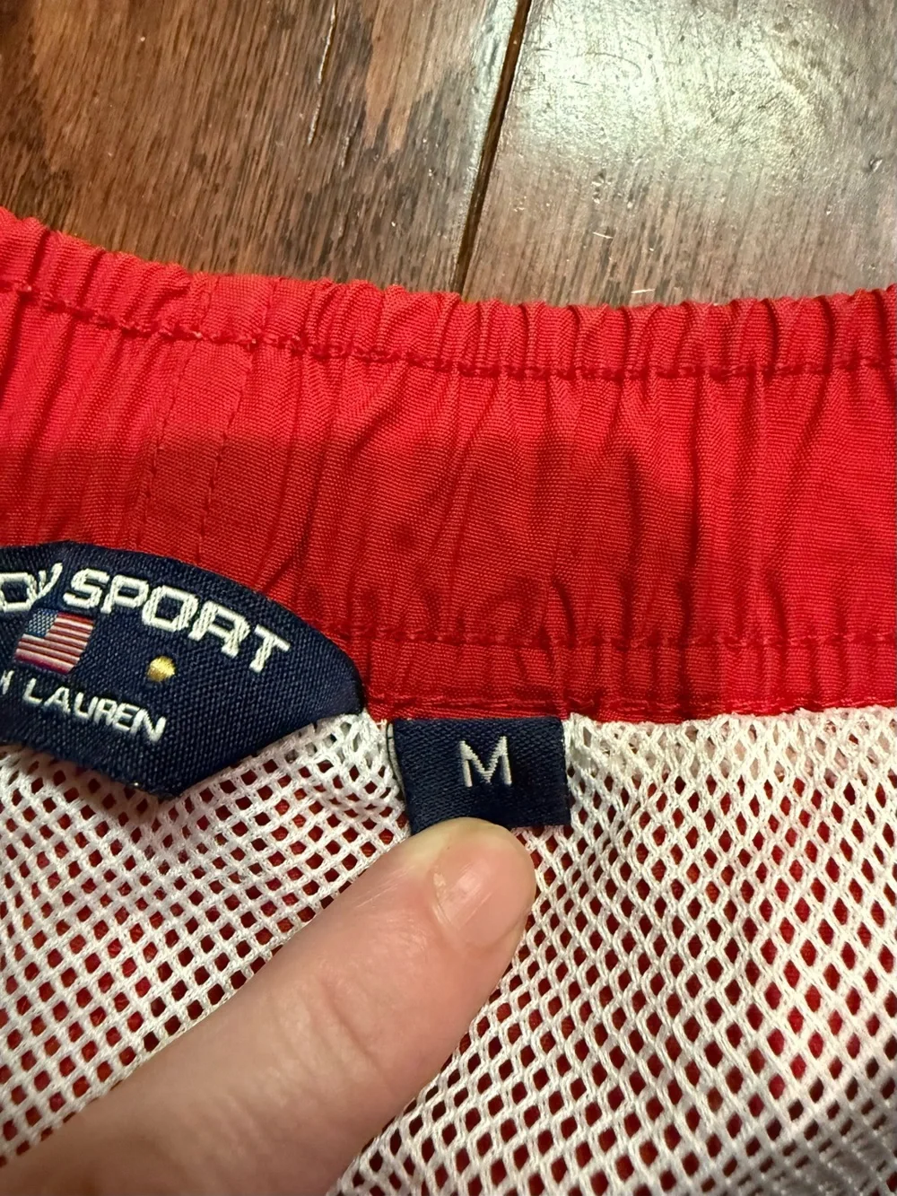 Vintage polo sport Men's Red Swim Trunks with Yellow Drawstring medium